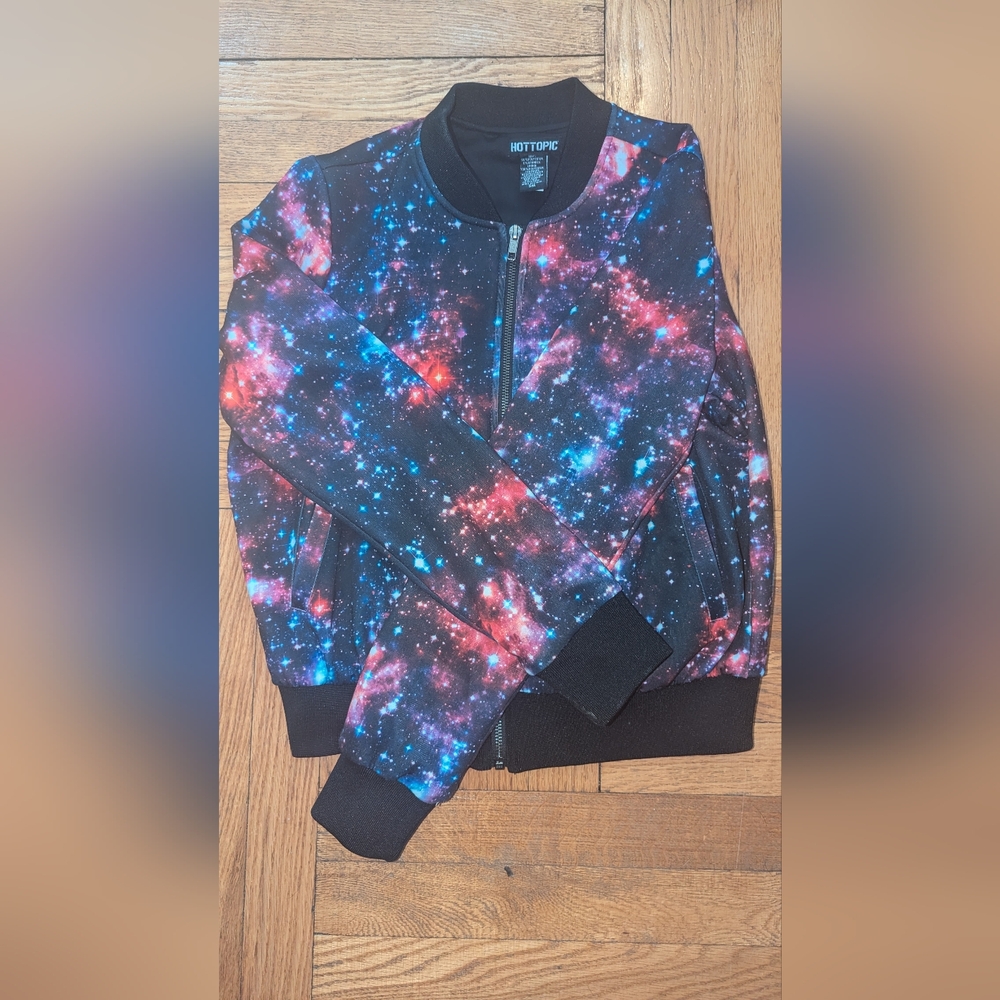 Hot Topic Galaxy Print Bomber Jacket - Black, Red, Blue